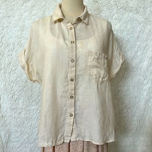 ZARA Off-White Linen Button Up Short Sleeve Top Size XL